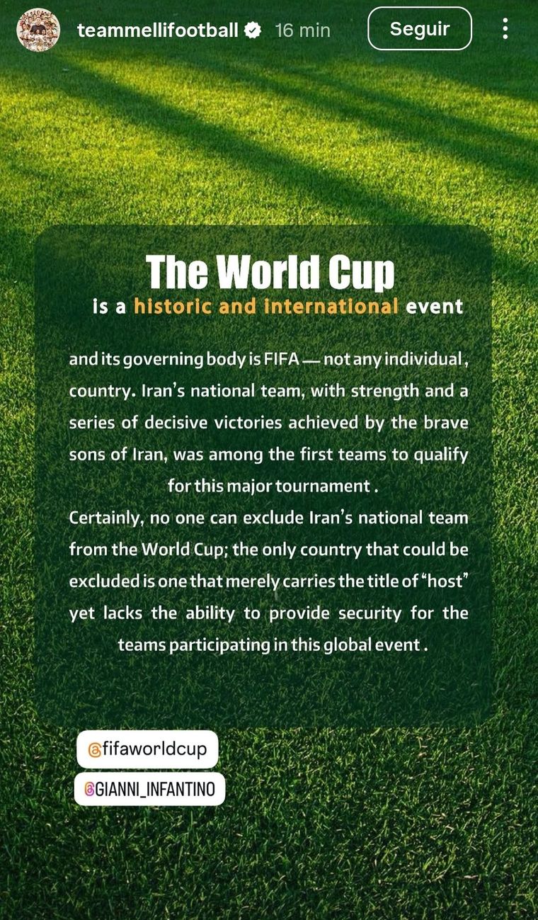El comunicado que compartió la Selección de Irán en su cuenta de Instagram.