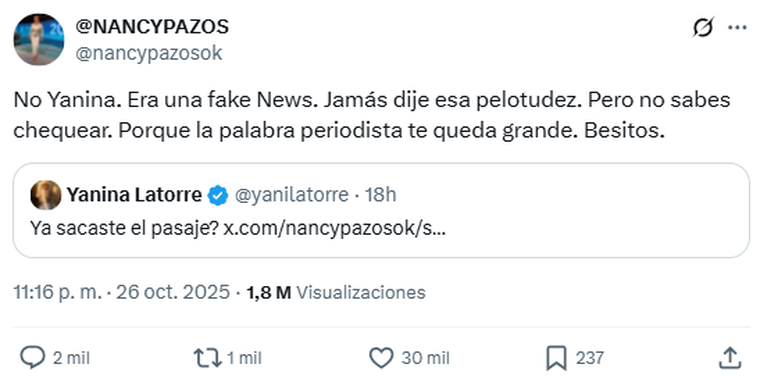 El cruce entre Nancy Pazos y Yanina Latorre. Foto: captura de pantalla X/ @nancypazosok. El cruce entre Nancy Pazos y Yanina Latorre. Foto: captura de pantalla X/ @nancypazosok.