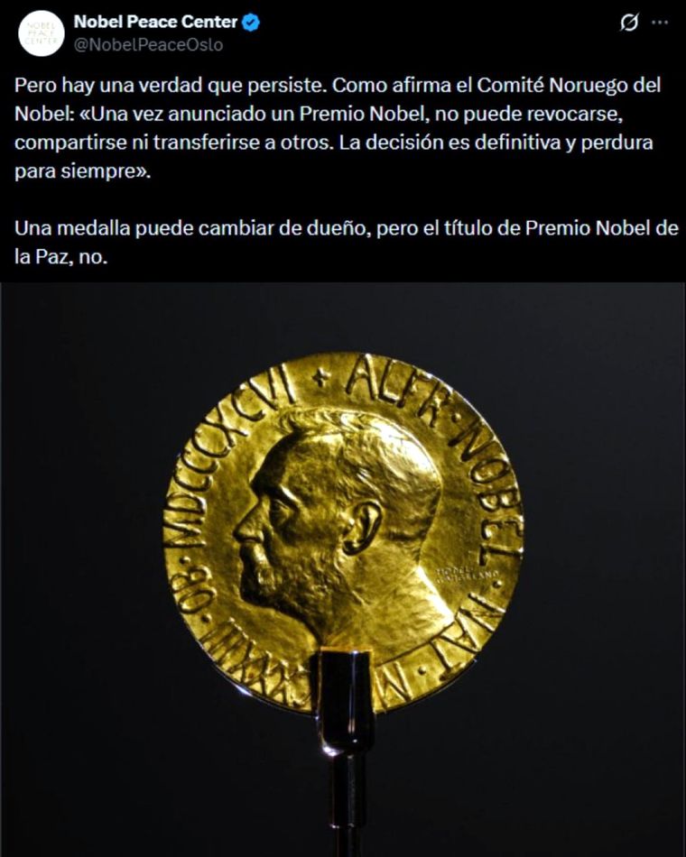 La entrega de María Corina Machado ha sido simbólica: el Nobel es intransferible. Foto Comité Noruego La entrega de María Corina Machado ha sido simbólica: el Nobel es intransferible. Foto Comité Noruego