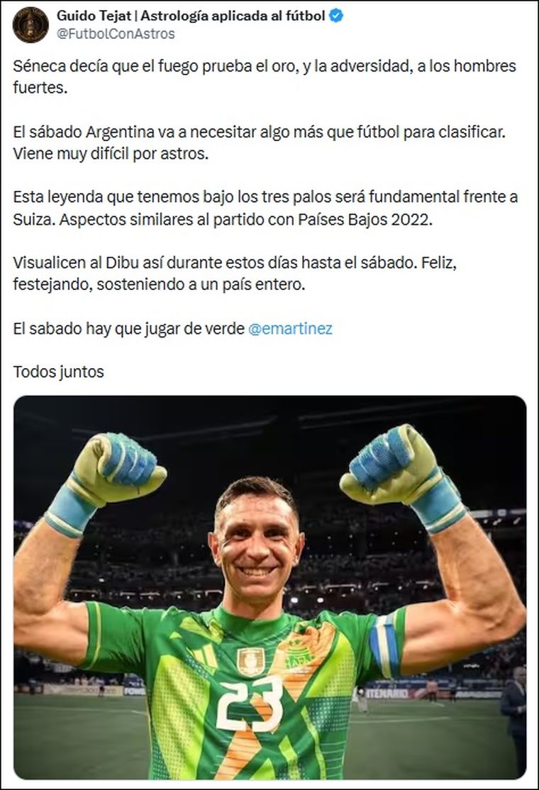 Dibu Martínez fue analizado por un astrólogo deportivo antes del partido ante Suiza por los cuartos de final del Mundial 2026.