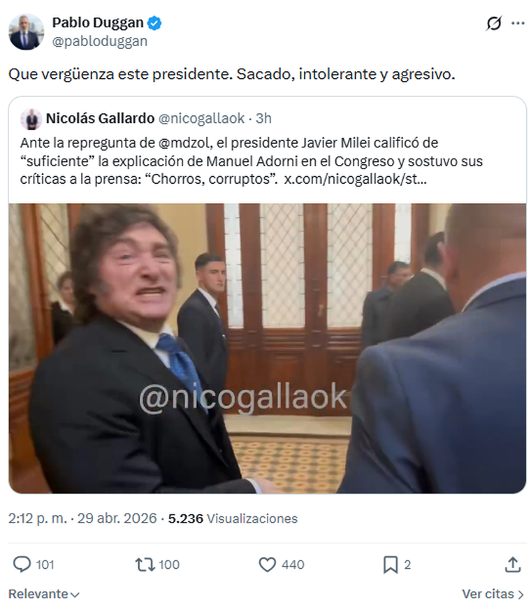 Pablo Duggan contra Javier Milei. Pablo Duggan contra Javier Milei.