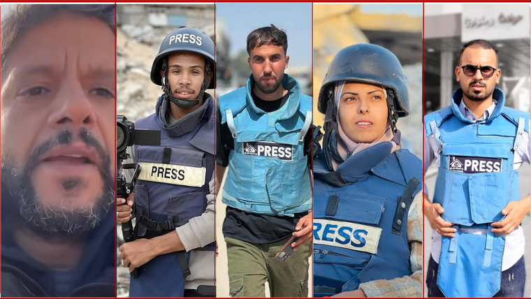 Los cinco periodistas que fueron asesinados en dos ataques aéreos israelíes en el hospital Nasser en Jan Yunis, en el sur de la Franja de Gaza.