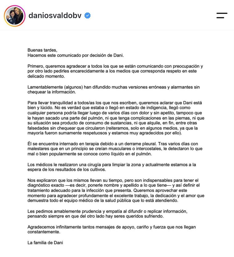La familia de Osvaldo comunic&oacute; su estado de salud.