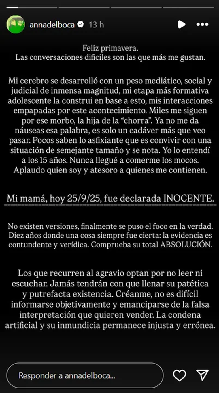 Andrea Del Boca fue absuelta por la Justicia y su hija expresó su sentir en redes sociales. Andrea Del Boca fue absuelta por la Justicia y su hija expresó su sentir en redes sociales.