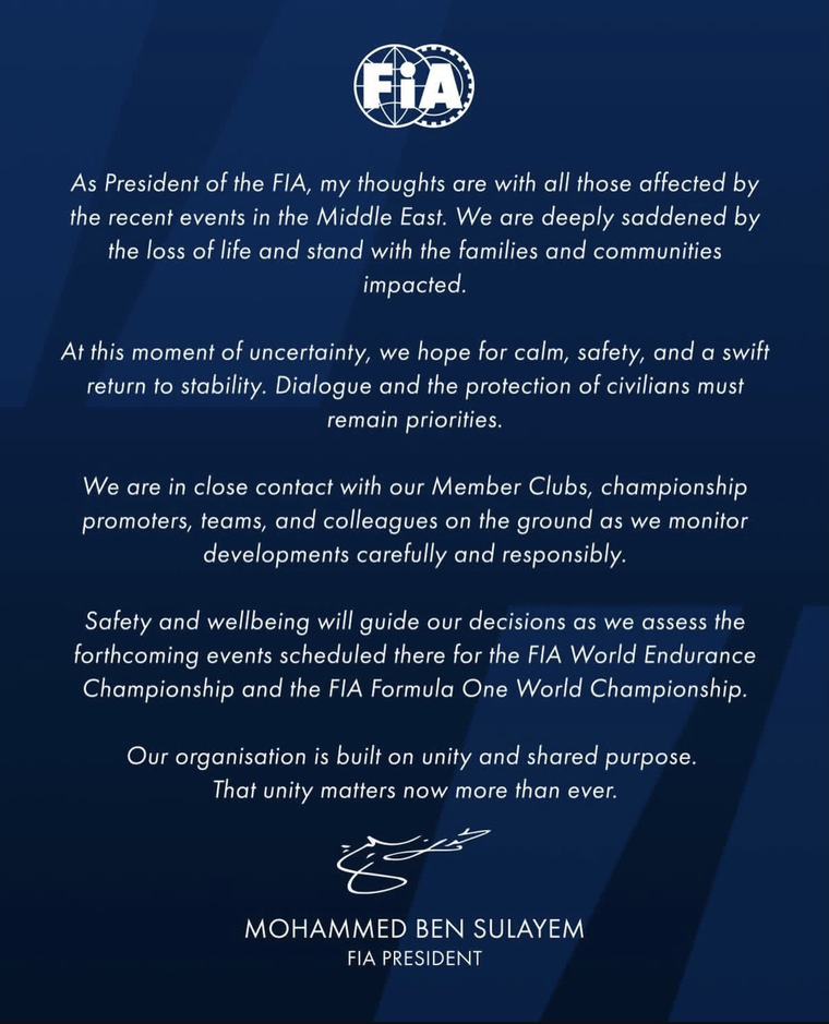 El comunicado de la FIA sobre la Fórmula 1 en Medio Oriente. El comunicado de la FIA sobre la Fórmula 1 en Medio Oriente.