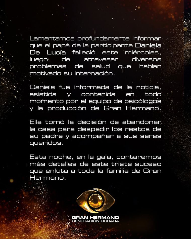 El comunicado de Gran Hermano tras la muerte del padre de la participante. El comunicado de Gran Hermano tras la muerte del padre de la participante.