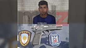 Tomás Lara, el joven de 18 años detenido tras el tiroteo y el arma reglamentaria recuperada.  Tomás Lara, el joven de 18 años detenido tras el tiroteo y el arma reglamentaria recuperada.