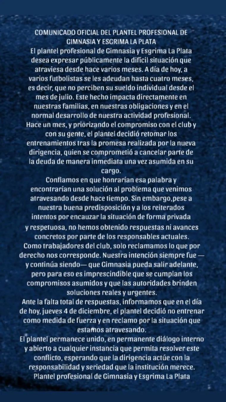 El comunicado del plantel de Gimnasia tras el paro por falta de pago previo a la semifinal ante Estudiantes El comunicado del plantel de Gimnasia tras el paro por falta de pago previo a la semifinal ante Estudiantes