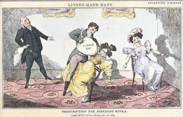 Caricatura satírica británica sobre el óxido de nitrógeno o gas de la risa Foto: WIKIMEDIA COMMONS