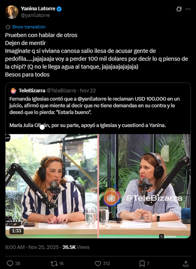 La respuesta de Yanina Latorre. Créditos: X