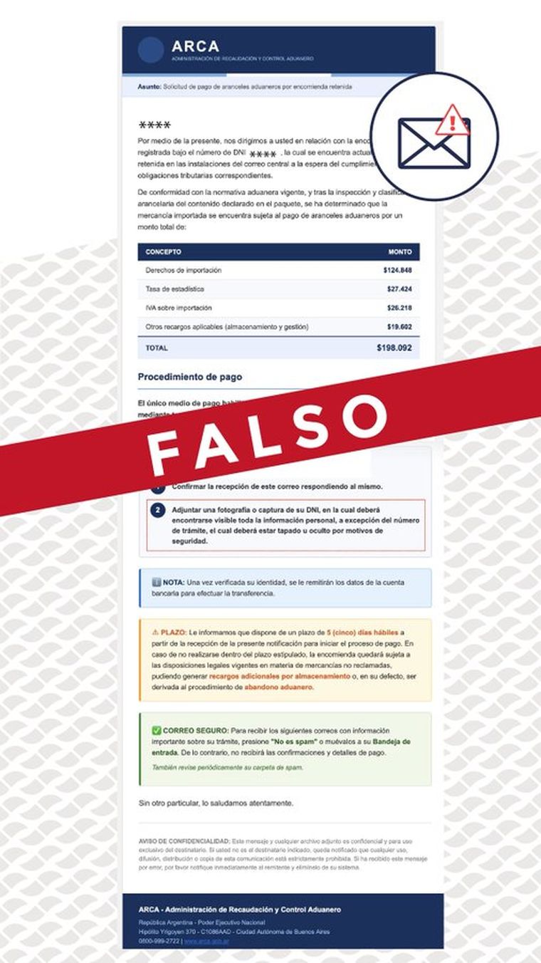 Se recomienda reenviar mensajes sospechosos a phishing@arca.gob.ar. Foto:X Se recomienda reenviar mensajes sospechosos a phishing@arca.gob.ar. Foto:X