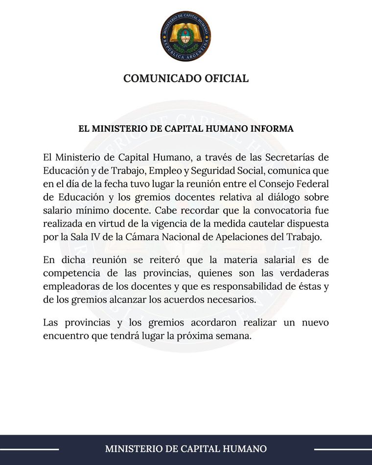 El comunicado oficial del Ministerio de Capital Humano con respecto al salario mínimo docente. El comunicado oficial del Ministerio de Capital Humano con respecto al salario mínimo docente.
