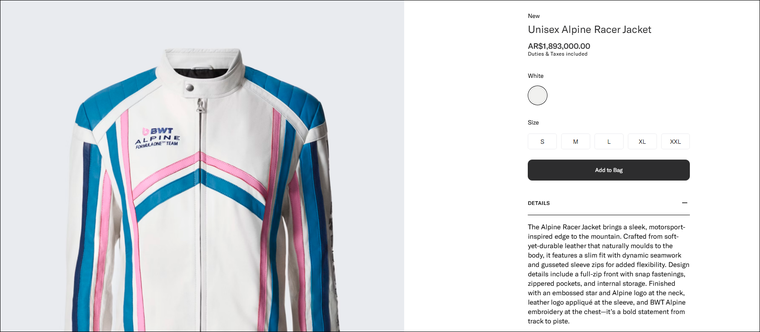 La campera Alpine Racer Jacket cuesta AR$ 1.893.000 en la tienda oficial. La campera Alpine Racer Jacket cuesta AR$ 1.893.000 en la tienda oficial.