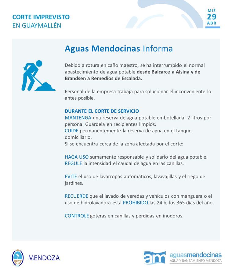 Personal de Aysam se encuentra trabajando para solucionar el corte de agua en Guaymallén. Personal de Aysam se encuentra trabajando para solucionar el corte de agua en Guaymallén.