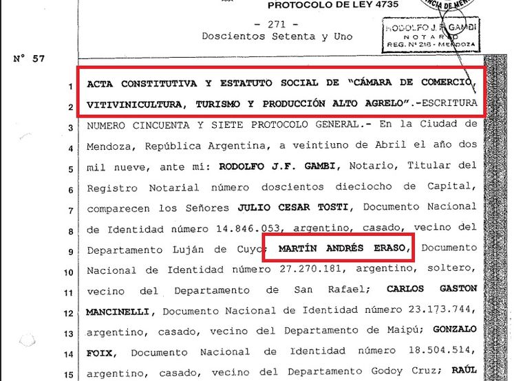 El acta constitutiva de la Asociación que se creó con el solo fin de acceder al agua en una zona vedada. Eraso era uno de los integrantes. El acta constitutiva de la Asociación que se creó con el solo fin de acceder al agua en una zona vedada. Eraso era uno de los integrantes.