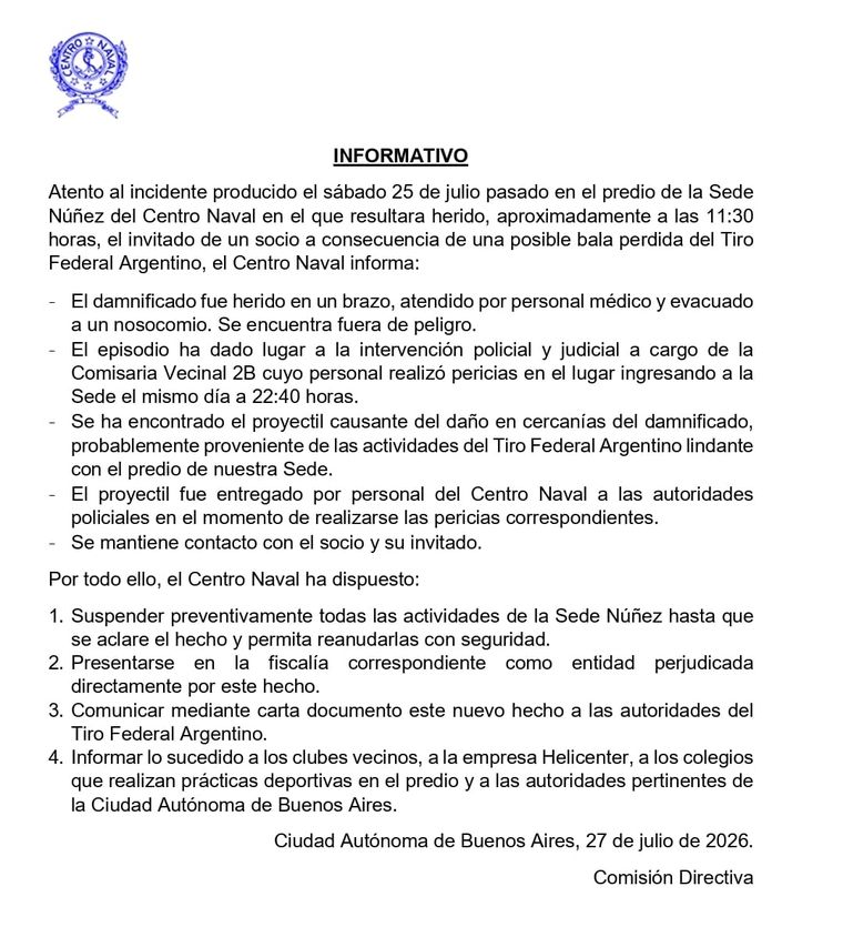 El comunicado del Centro Naval tras la caída de la bala perdida. El comunicado del Centro Naval tras la caída de la bala perdida.