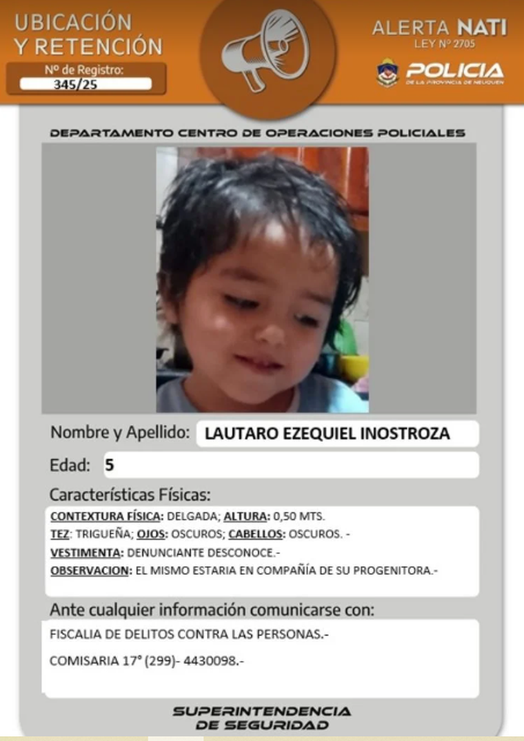 Lautaro Ezequiel Inostroza, de 5 años, es el menor de los hermanos desaparecidos en Neuquén. Lautaro Ezequiel Inostroza, de 5 años, es el menor de los hermanos desaparecidos en Neuquén.