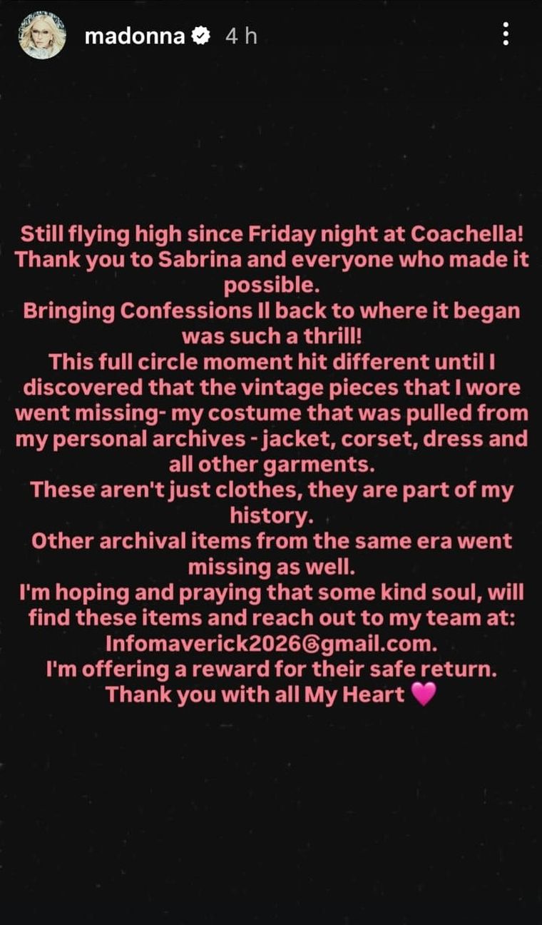 El comunicado de Madonna en sus redes sociales tras el angustioso robo. El comunicado de Madonna en sus redes sociales tras el angustioso robo.