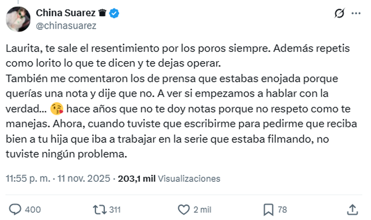 La China Suárez arremetió contra Laura Ubfal tras la información que brindó. La China Suárez arremetió contra Laura Ubfal tras la información que brindó.