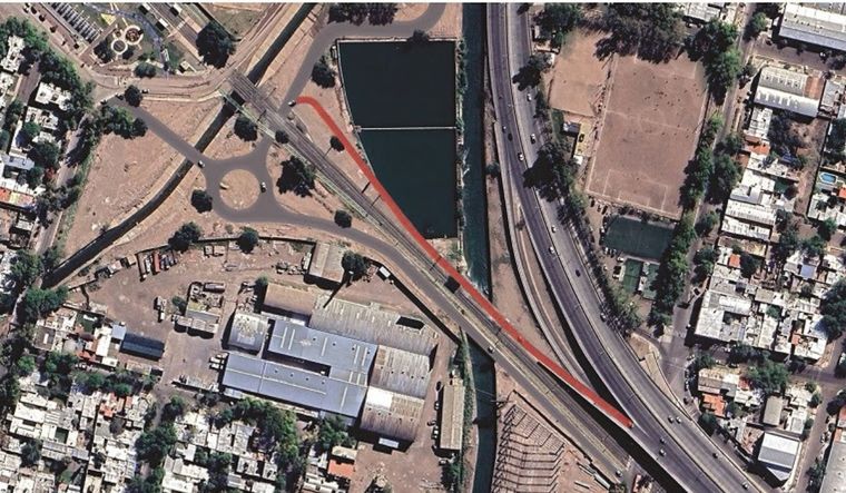 La línea roja marca el nuevo empalme de la Costanera. Foto: Municipalidad de Godoy Cruz