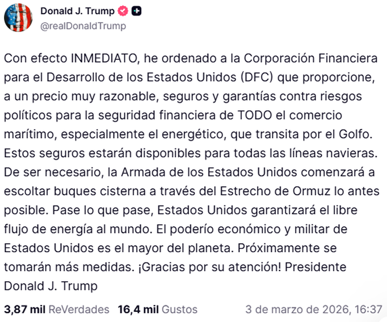 El posteo publicado por Trump en su red Truth Social. El posteo publicado por Trump en su red Truth Social.