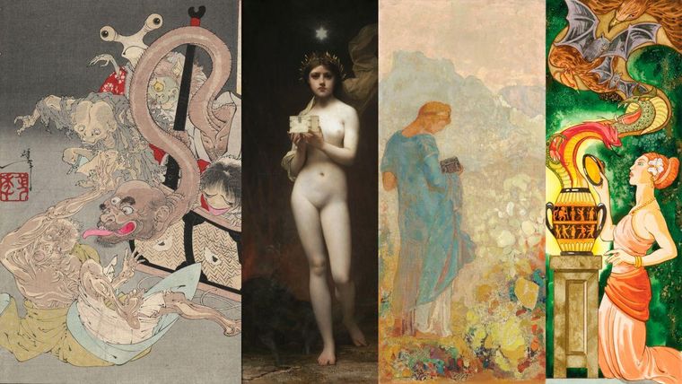 La curiosidad llevó a Pandora a abrir el recipiente; el mito ha inspirado a pintores y ceramistas, así como a escritores y dramaturgos. Aquí, interpretaciones del japonés Tsukioka Yoshitoshi y de los franceses Jules Joseph Lefebvre y Odilon Redon.