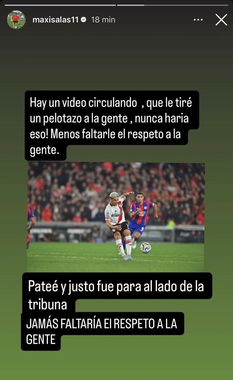 El posteo de Maxi Salas en su cuenta de Instagram, aclarando que no quiso tirarle un pelotazo a la platea de River. El posteo de Maxi Salas en su cuenta de Instagram, aclarando que no quiso tirarle un pelotazo a la platea de River.