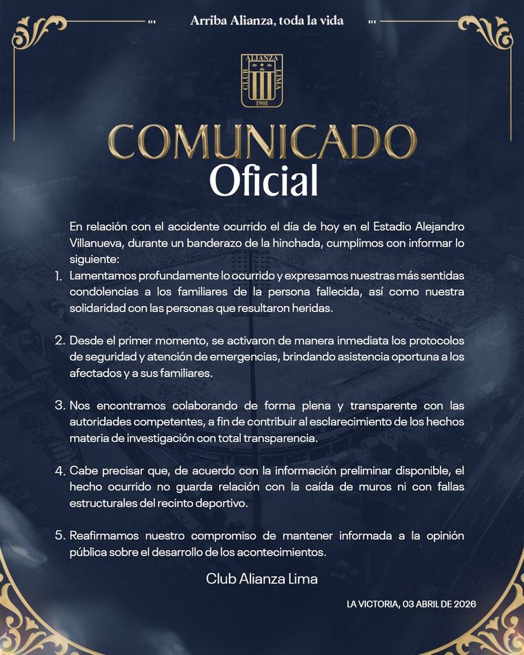 El comunicado que emitió el Club Alianza Lima. El comunicado que emitió el Club Alianza Lima.