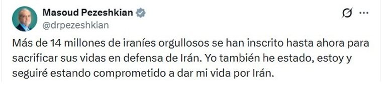 La publicación de Masoud Pezeshkian en X. La publicación de Masoud Pezeshkian en X.