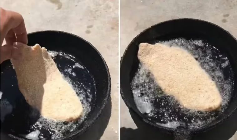 Un usuario de TikTok se grabó cocinando una milanesa en el asfalto en plena ola de calor. Foto: Captura video TikTok/ liyu.tv