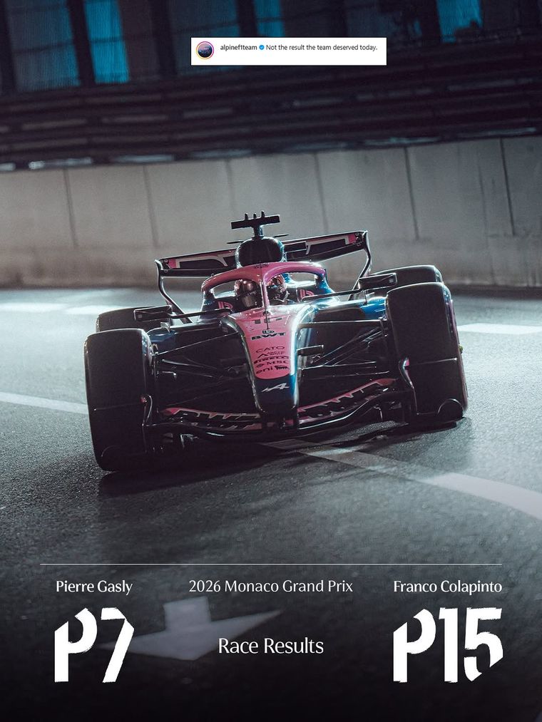 El posteo de Alpine una vez finalizado el GP de Mónaco. El posteo de Alpine una vez finalizado el GP de Mónaco.