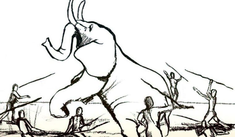 Ilustración de la caza de elefantes con lanzas