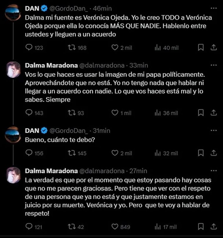 El intenso cruce en X de Dalma Maradona con el Gordo Dan causado por el inapropiado posteo del influencer político. El intenso cruce en X de Dalma Maradona con el Gordo Dan causado por el inapropiado posteo del influencer político.