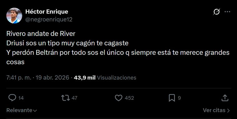 El tuit de la cuenta fake del Negro Enrique, que luego fue desactivada. El tuit de la cuenta fake del Negro Enrique, que luego fue desactivada.
