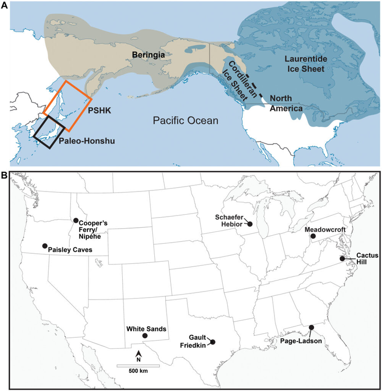 Ilustración con la localización de las principales regiones fisiográficas mencionadas en el estudio (A) y de los sitios del Paleolítico Superior de América del Norte analizados en la investigación (B). Los humanos habrían llegado de otra forma a América. Ilustración con la localización de las principales regiones fisiográficas mencionadas en el estudio (A) y de los sitios del Paleolítico Superior de América del Norte analizados en la investigación (B). Los humanos habrían llegado de otra forma a América.