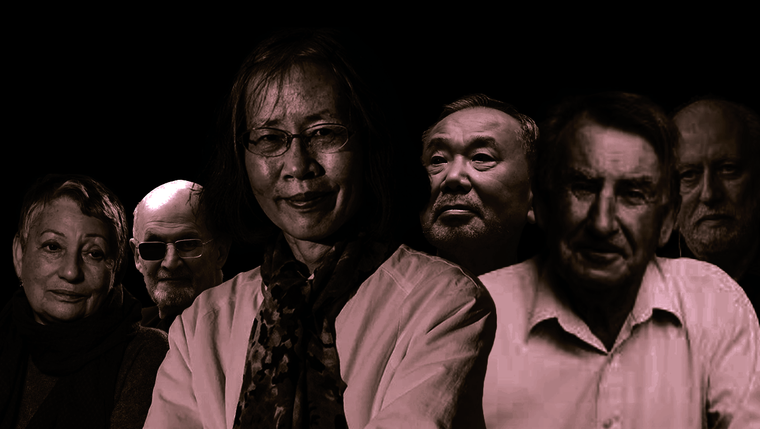 De izquierda a derecha: Lyudmila Ulitskaya, Salman Rushdie, Can Xue,  Haruki Murakami, Gerald Murnane y László Krasznahorkai.
