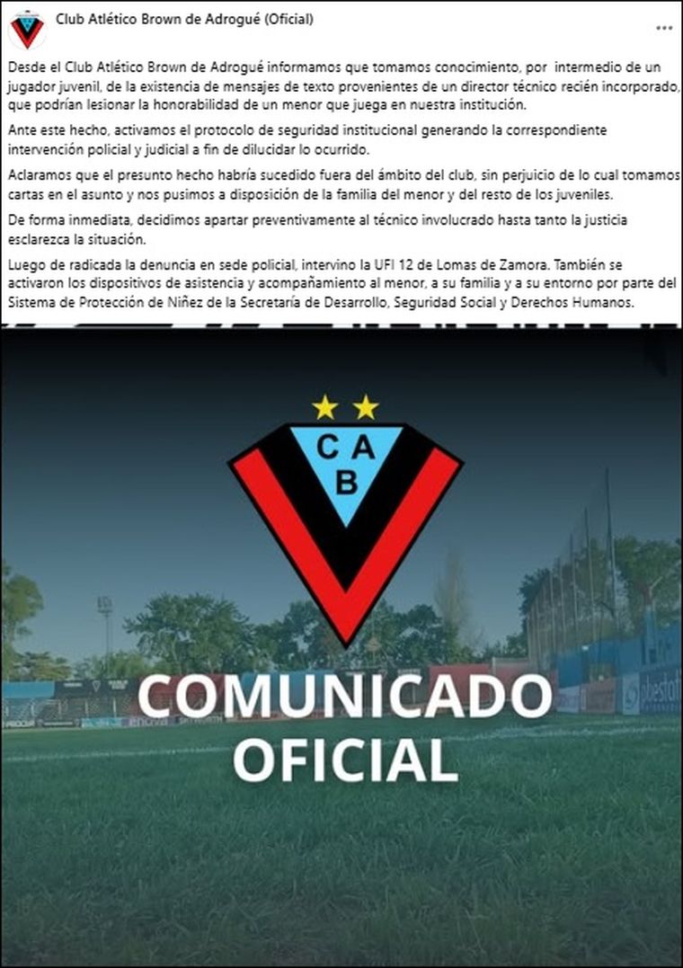 El comunicado que compartieron en las redes de Brown de Adrogué tras la denuncia que sacude al fútbol del ascenso El comunicado que compartieron en las redes de Brown de Adrogué tras la denuncia que sacude al fútbol del ascenso