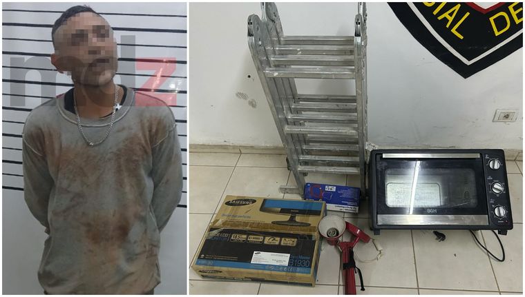 El sospechoso aprehendido y los elementos robados recuperados. Foto: MDZ.