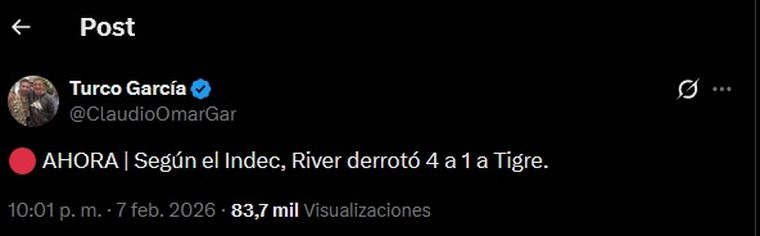 El posteo de Claudio "Turco" García generó el repudio de los hinchas de River y la aprobación de los de Boca. El posteo de Claudio "Turco" García generó el repudio de los hinchas de River y la aprobación de los de Boca. 
