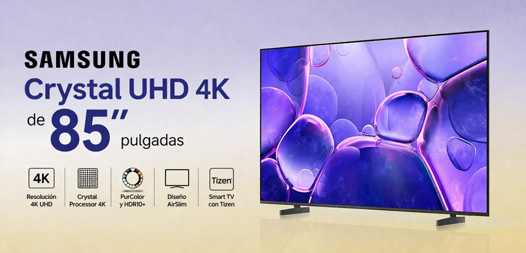 Samsung Crystal UHD 4K de 85 pulgadas, una pantalla gigante para transformar cualquier living.