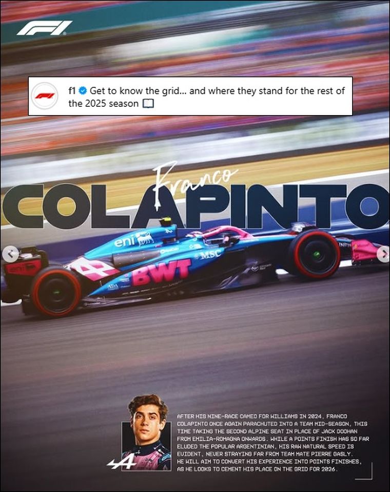Franco Colapinto recibió un gran reconocimiento de la F1 en pleno receso de verano. Franco Colapinto recibió un gran reconocimiento de la F1 en pleno receso de verano.