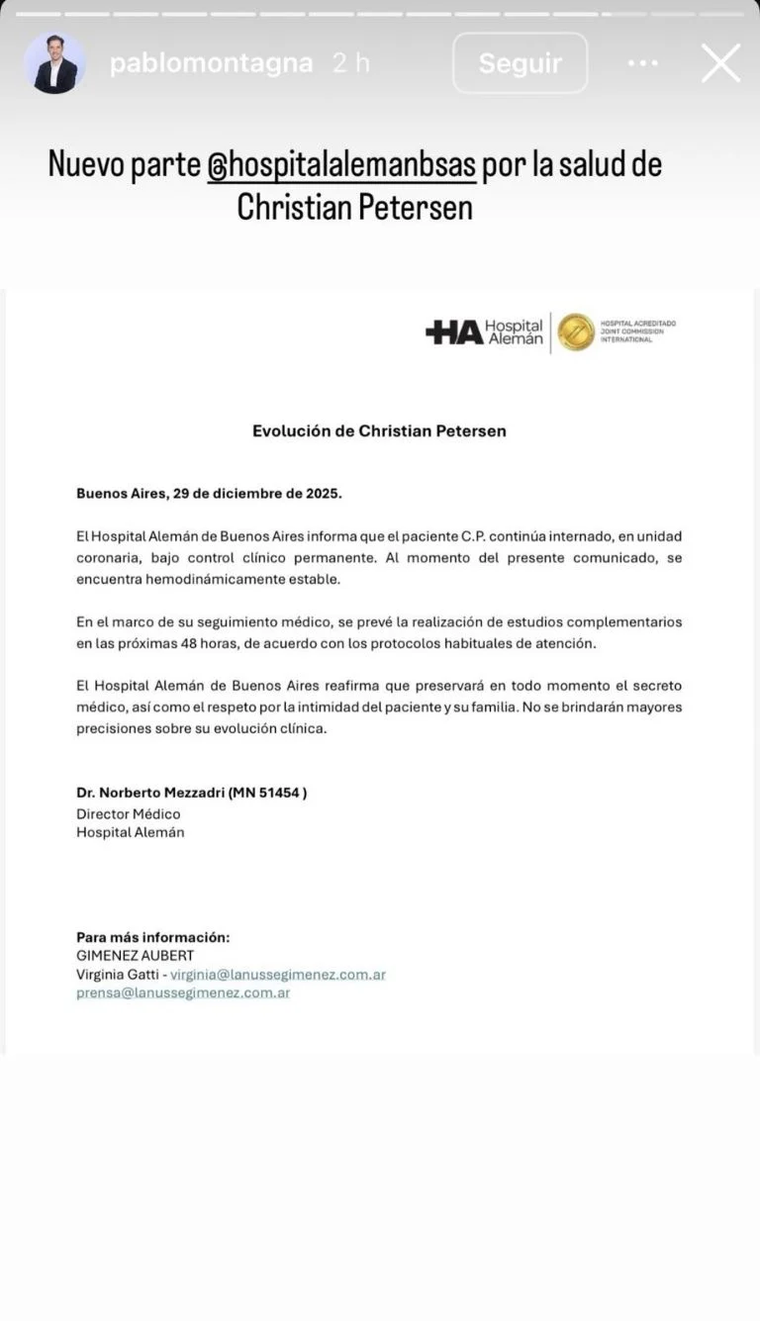 Parte médico oficial. Créditos: Instagram Parte médico oficial. Créditos: Instagram