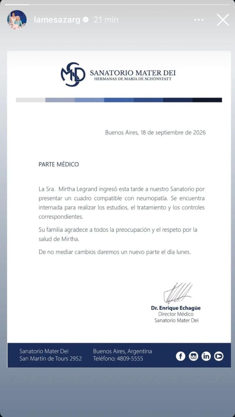 El parte m&eacute;dico de Mirtha.