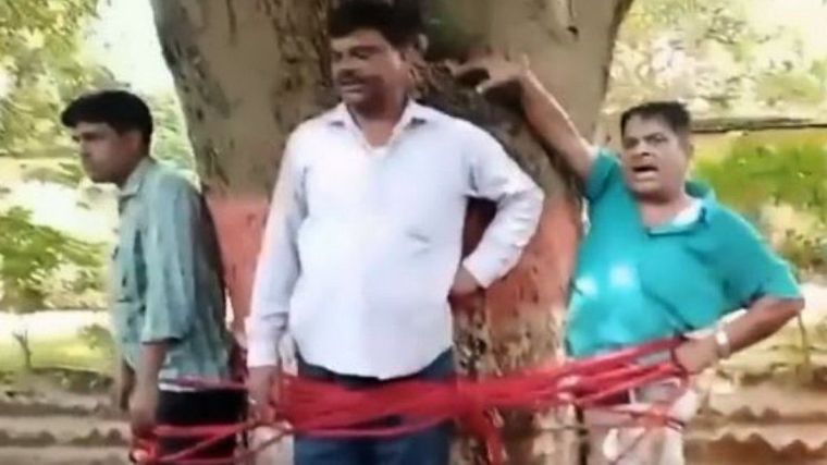 Los hombres, atados a un árbol. (captura de pantalla) Foto: ShikshaNews.