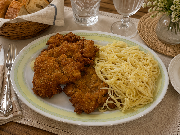 Cocina súper fácil: milanesa con fideos con manteca una de las recetas estrella en la mesa de los argentinos