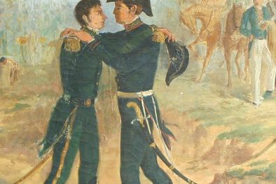 MDZol | El abrazo de San Martín con Belgrano, una postal que emociona. Foto: Instituto Nacional Sanmartiniano