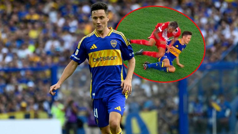 Ander Herrera casi ve la roja en su primer partido en la Bombonera. Foto: Fotobaires y captura TNT Sports