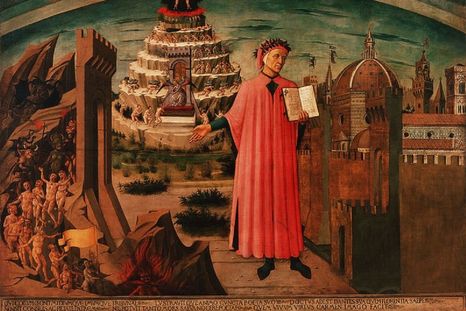 Alegoría de La Divina Comedia y Florencia de Domenico di Michelino. Dante sostiene su obra. A un lado está Florencia y al otro, una visión del infierno. Detrás de Dante, humanos que intentan ascender al cielo. Foto: GETTY IMAGES