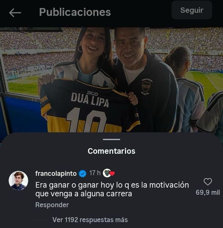 El comentario de Colapinto a la foto de Dua Lipa junto a Riquelme en el Superclásico. El comentario de Colapinto a la foto de Dua Lipa junto a Riquelme en el Superclásico.