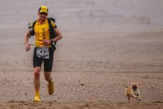 corrio maraton en el desierto junto a una perrita callejera
